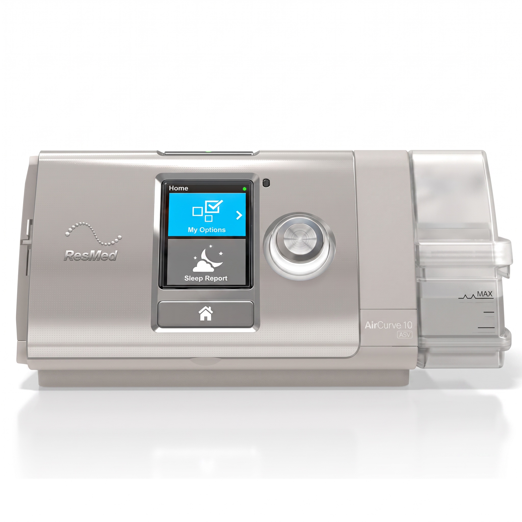 Vista frontal del ResMed AirCurve 10 ASV con pantalla a color y perilla giratoria de control