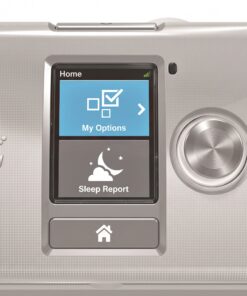 Primer plano del panel de control del ResMed AirCurve 10 VAuto: pantalla a color y perilla giratoria