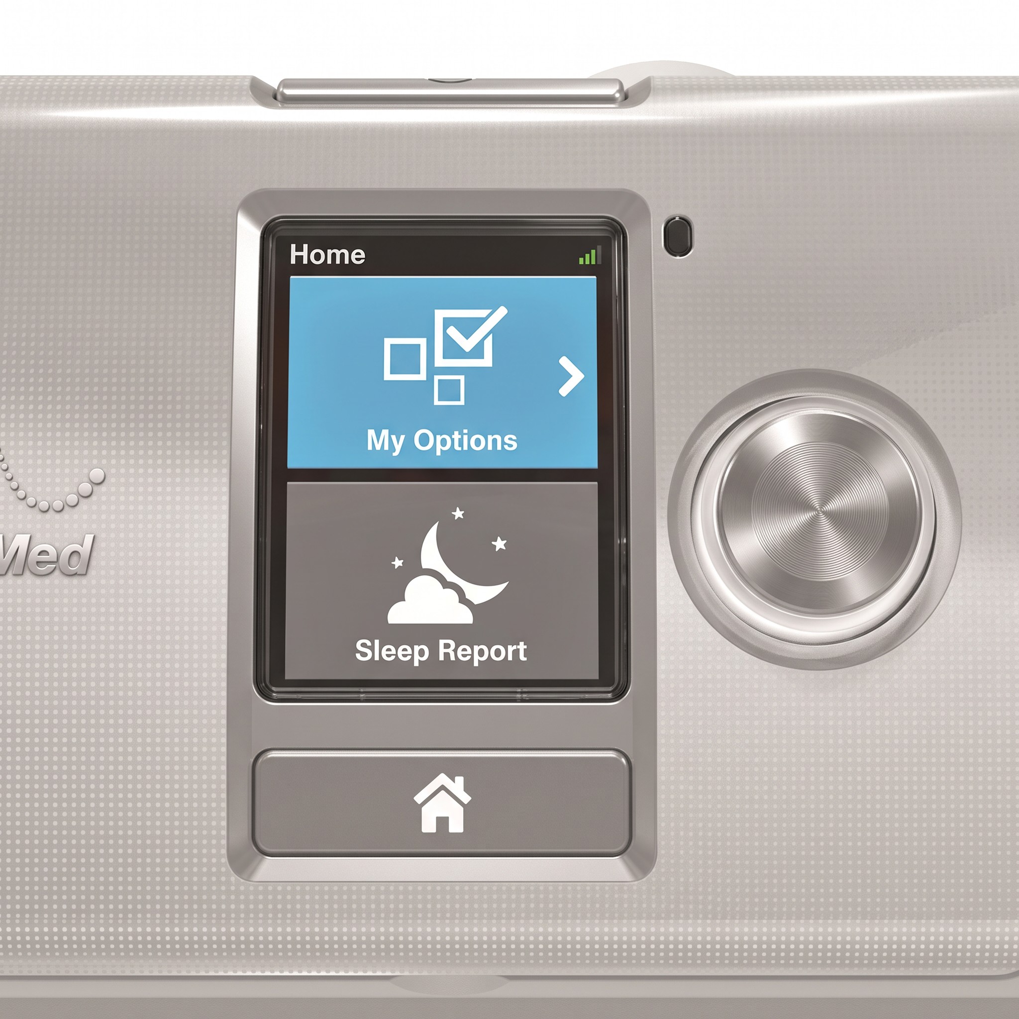 Primer plano del panel de control del ResMed AirCurve 10 VAuto: pantalla a color y perilla giratoria