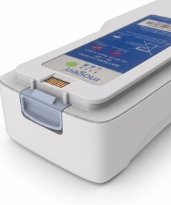 Detalle de los contactos metálicos y el seguro de liberación de la batería BA-408 del Inogen One G4