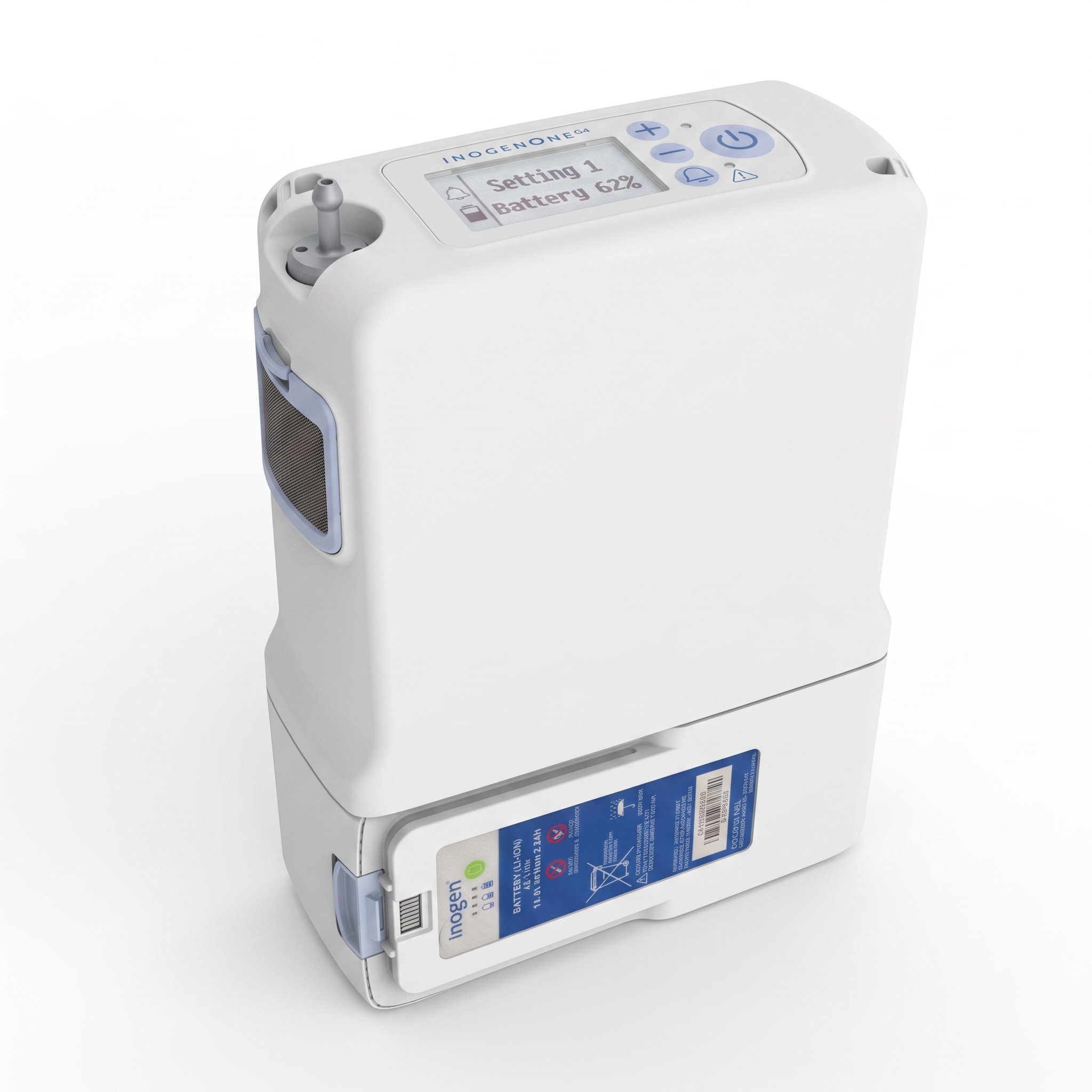 Concentrador de oxígeno portátil Inogen One G4 con la batería de doble duración BA-408 instalada, más alto en la base, de pie sobre una mesa