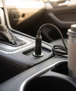 Cargador de auto DC Inogen conectado en la toma de 12V del vehiculo, cargando el concentrador en el trayecto