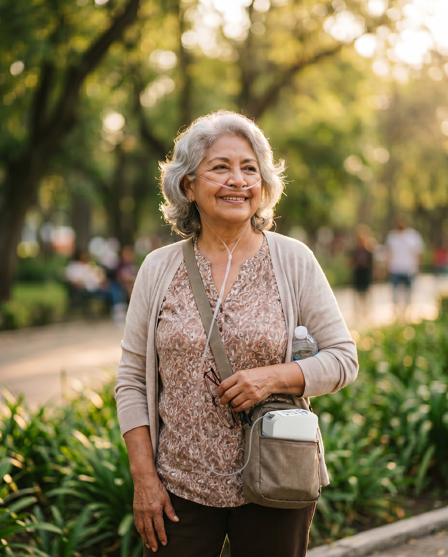 Mujer mayor mexicana sonriente en un parque usando un concentrador de oxígeno portátil Inogen One G5 con cánula nasal — SD Equipo Médico