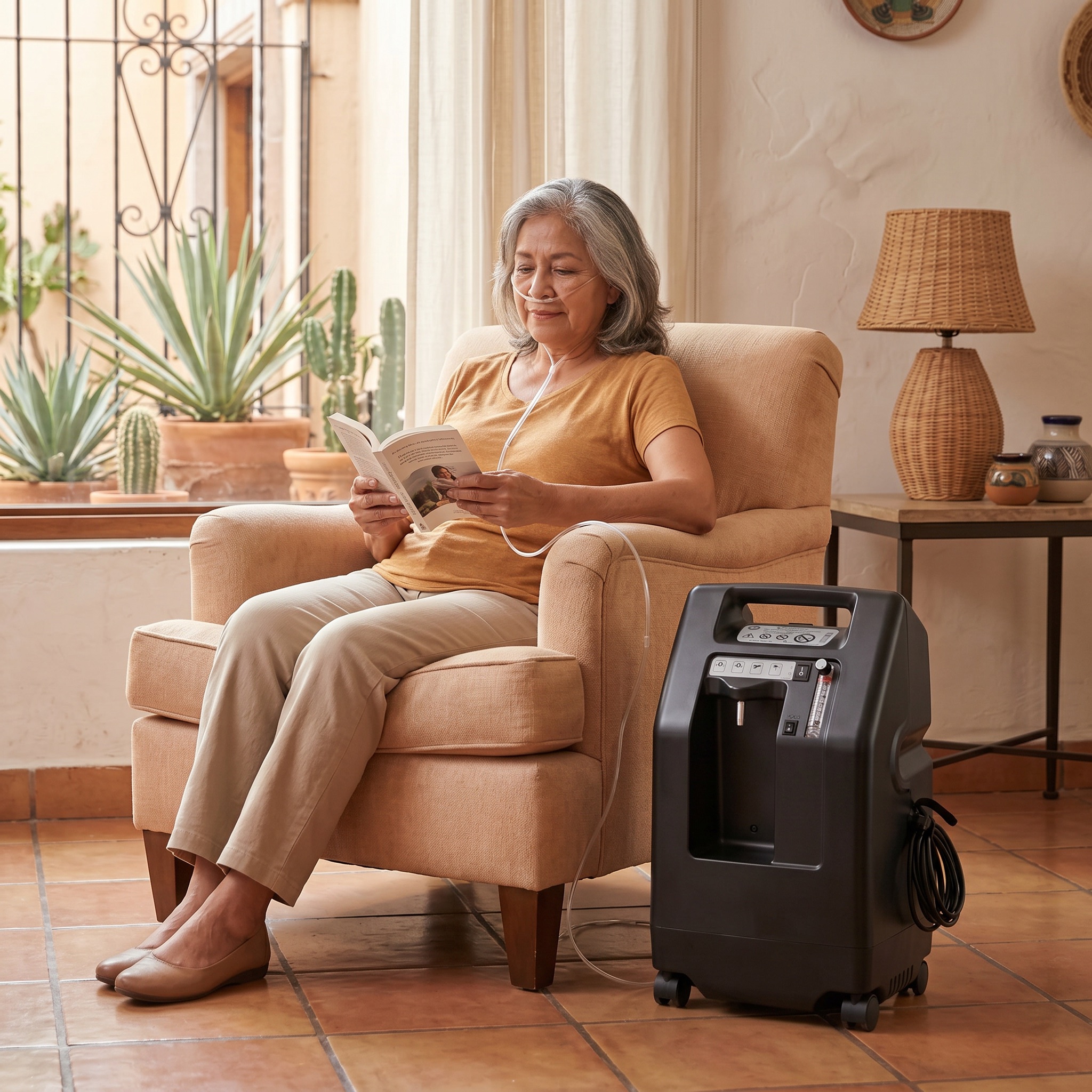 Concentrador de oxígeno DeVilbiss 525DS de 5 litros en uso doméstico junto a un sillón
