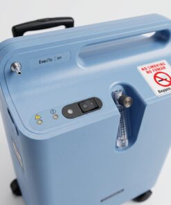 Panel de control del Philips Respironics EverFlo OPI con indicador de porcentaje de oxígeno, interruptor de encendido, luces de estado y etiqueta de seguridad No Fumar