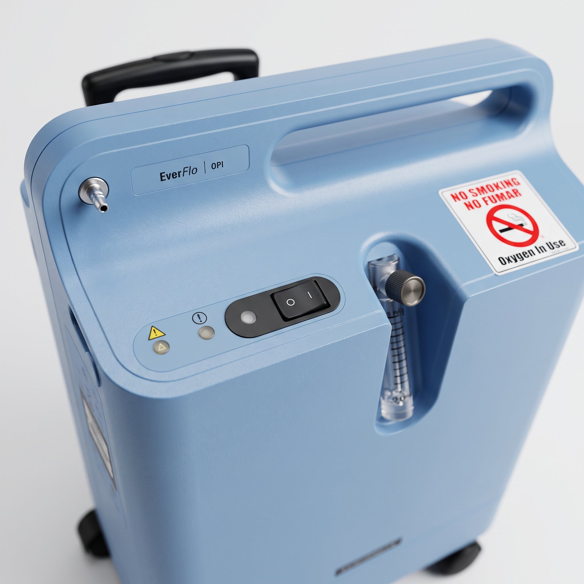 Panel de control del Philips Respironics EverFlo OPI con indicador de porcentaje de oxígeno, interruptor de encendido, luces de estado y etiqueta de seguridad No Fumar