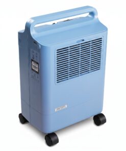 Vista trasera del concentrador estacionario Philips Respironics EverFlo con el filtro de aire, el asa superior y las cuatro ruedas giratorias