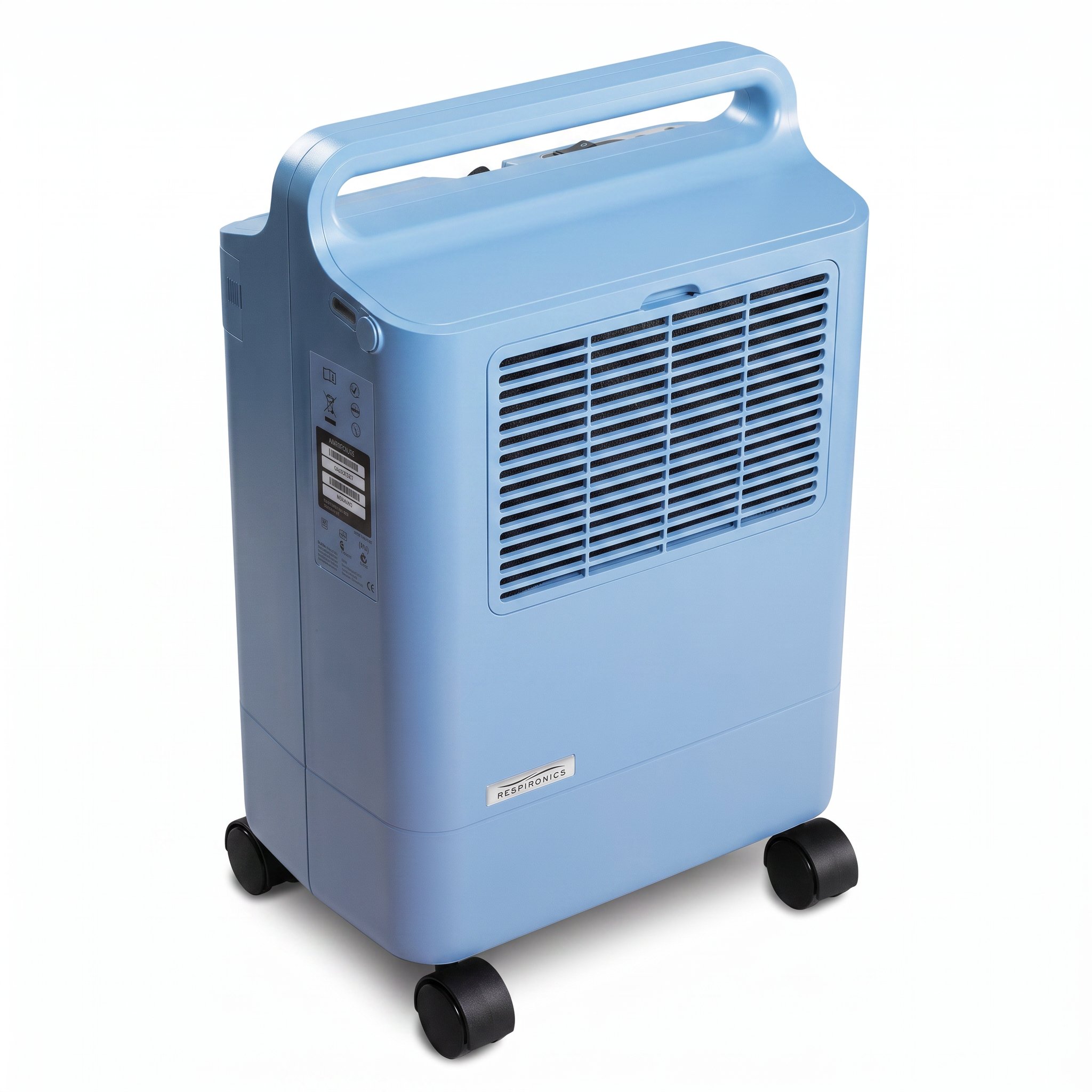 Vista trasera del concentrador estacionario Philips Respironics EverFlo con el filtro de aire, el asa superior y las cuatro ruedas giratorias