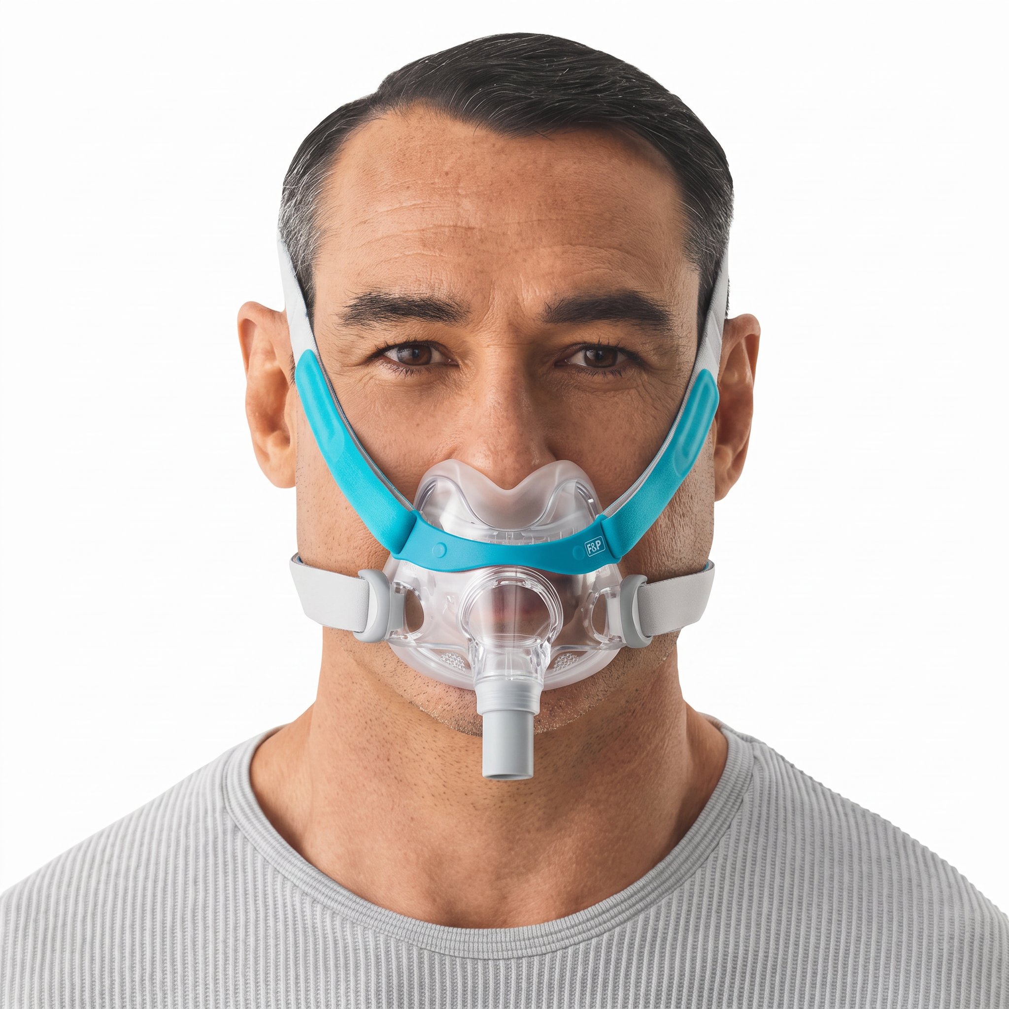 Hombre usando la mascarilla CPAP de cara completa compacta Fisher & Paykel Evora Full, vista frontal