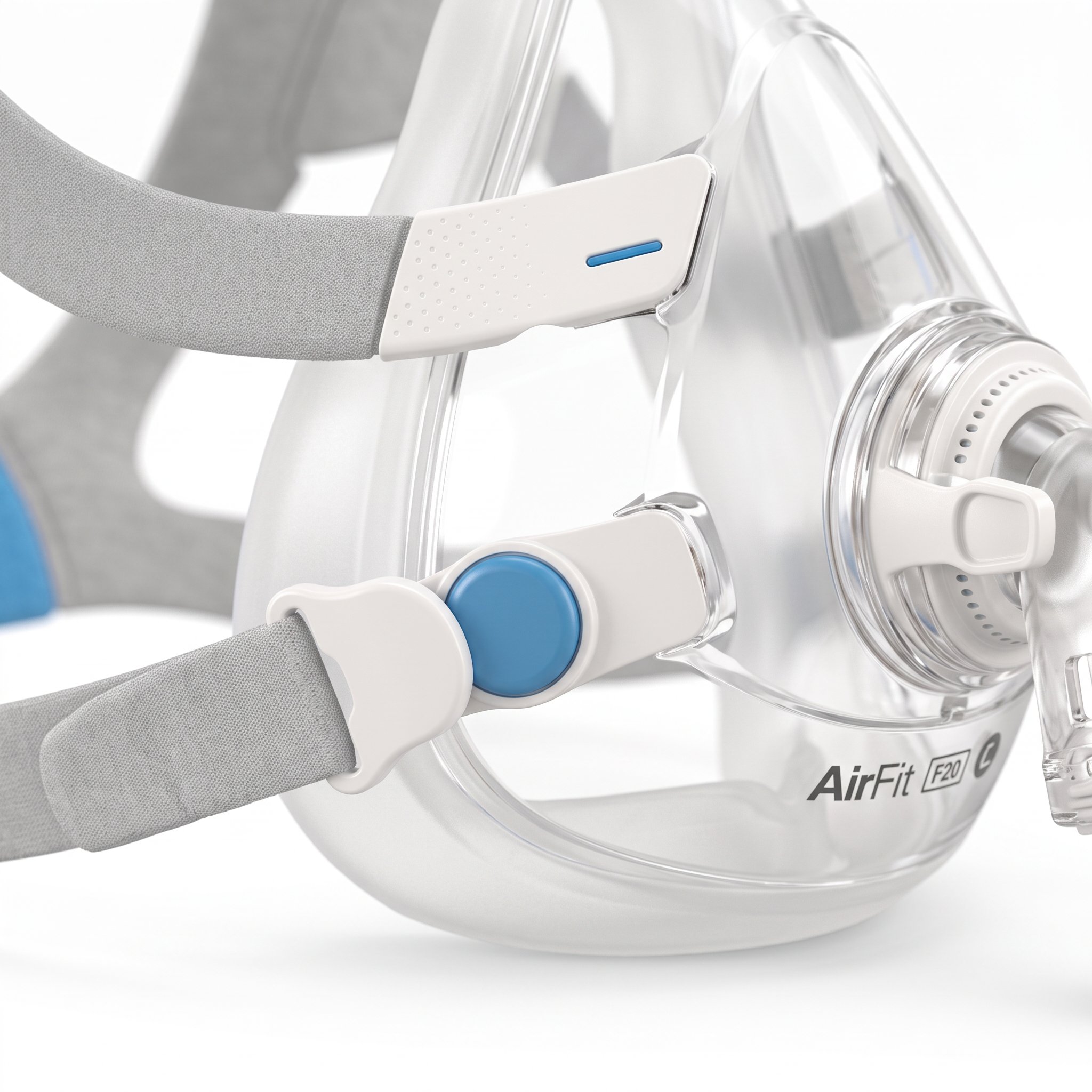 Broche magnético autoalineable del arnés de la mascarilla CPAP ResMed AirFit F20 uniéndose al marco