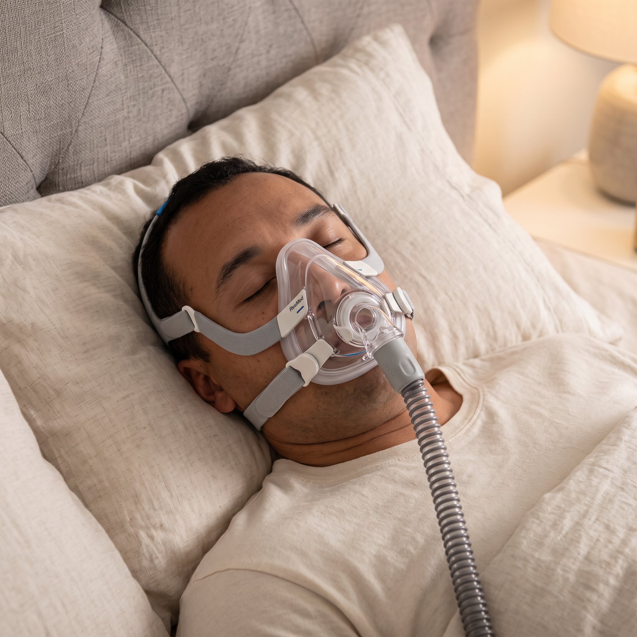 Hombre durmiendo tranquilamente con la mascarilla CPAP de cara completa ResMed AirFit F20 puesta y conectada al tubo