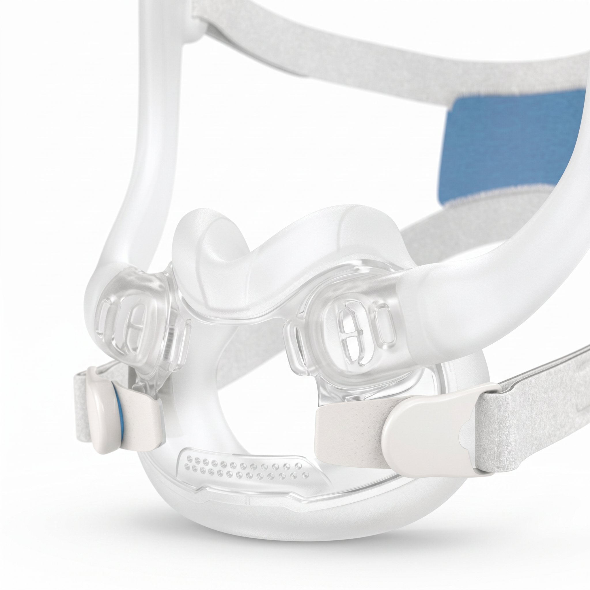 Cojín oronasal de la mascarilla ResMed AirFit F30i que sella bajo la nariz y sobre la boca, con ventilación QuietAir