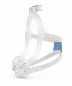 Vista de perfil de la mascarilla ResMed AirFit F30i que muestra el marco lateral, el clip QuickFit y el arnés de tela