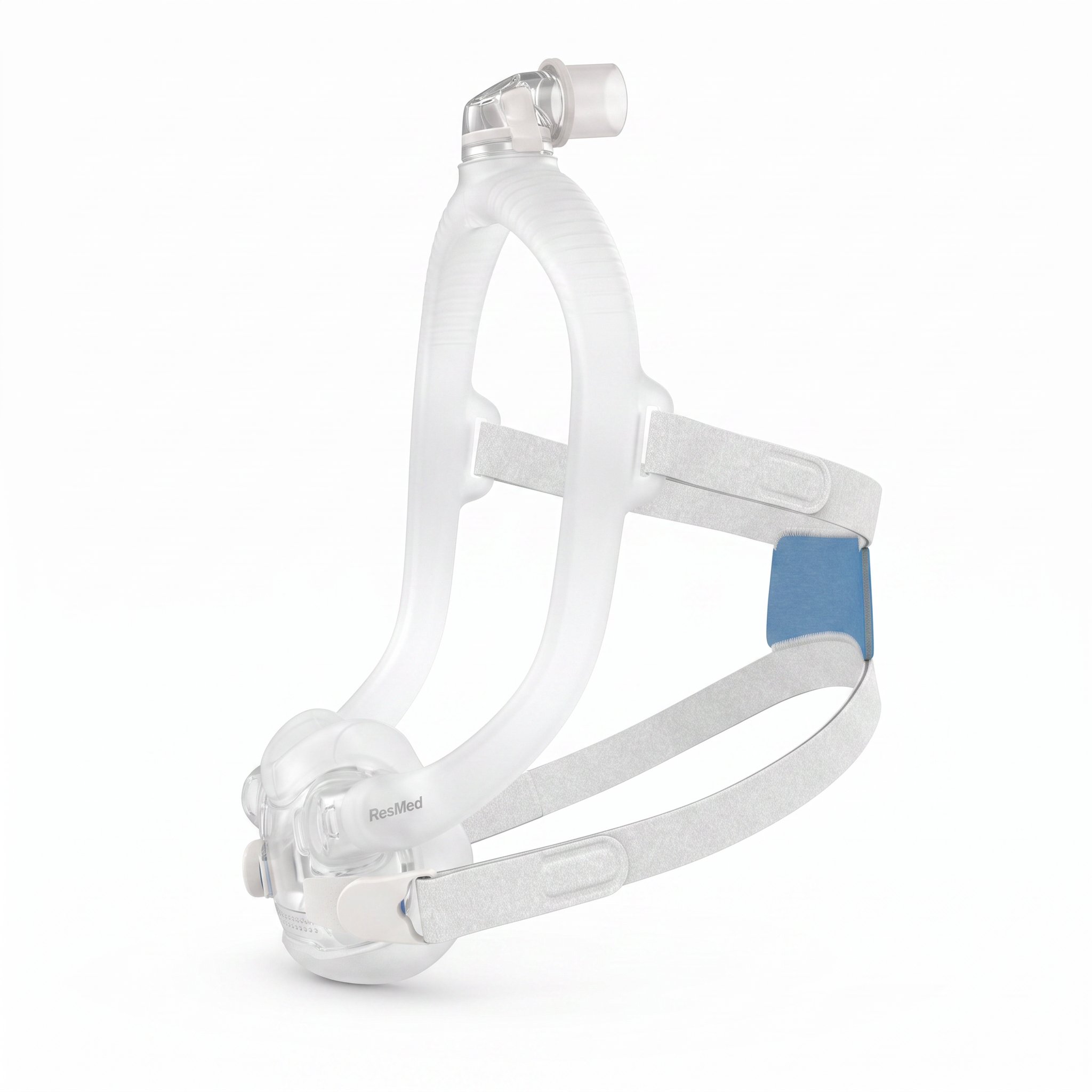Vista de perfil de la mascarilla ResMed AirFit F30i que muestra el marco lateral, el clip QuickFit y el arnés de tela