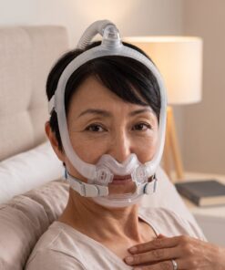 Mujer usando la mascarilla CPAP ResMed AirFit F30i con el tubo saliendo por encima de la cabeza y el campo visual despejado