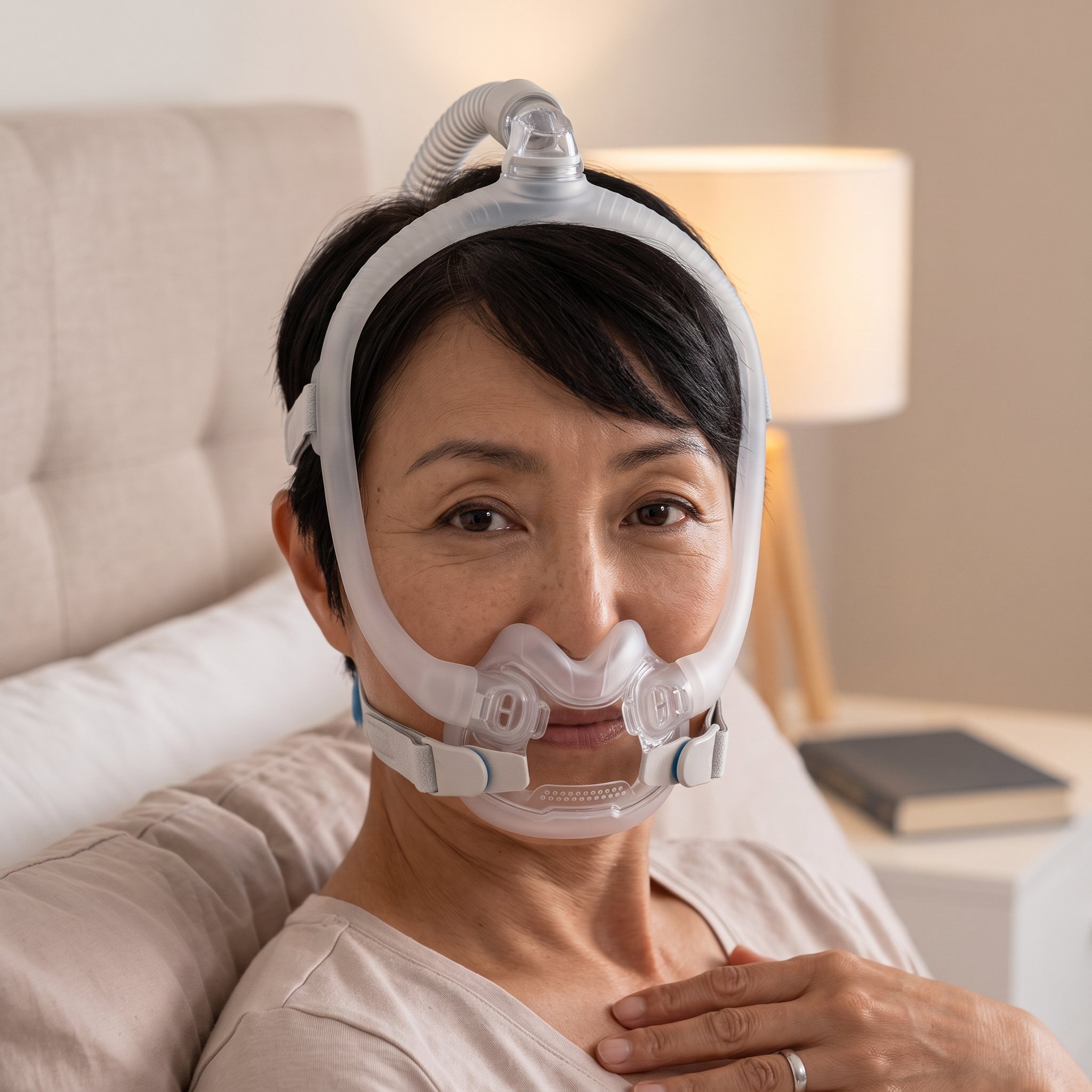 Mujer usando la mascarilla CPAP ResMed AirFit F30i con el tubo saliendo por encima de la cabeza y el campo visual despejado