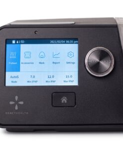 Acercamiento a la pantalla LCD y perilla de control del CPAP React Health Luna G3