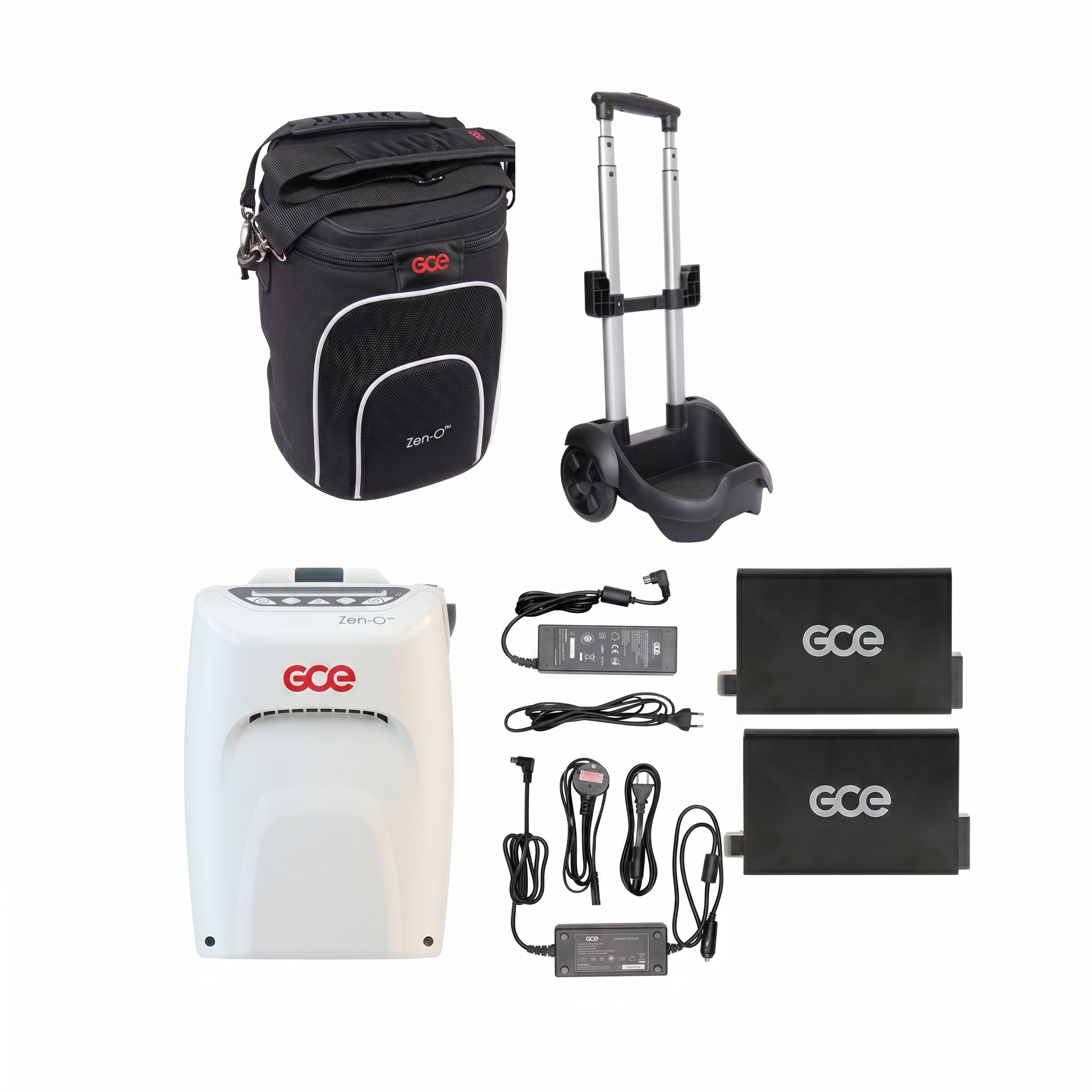 Contenido del paquete del concentrador GCE Zen-O: equipo, baterías y accesorios