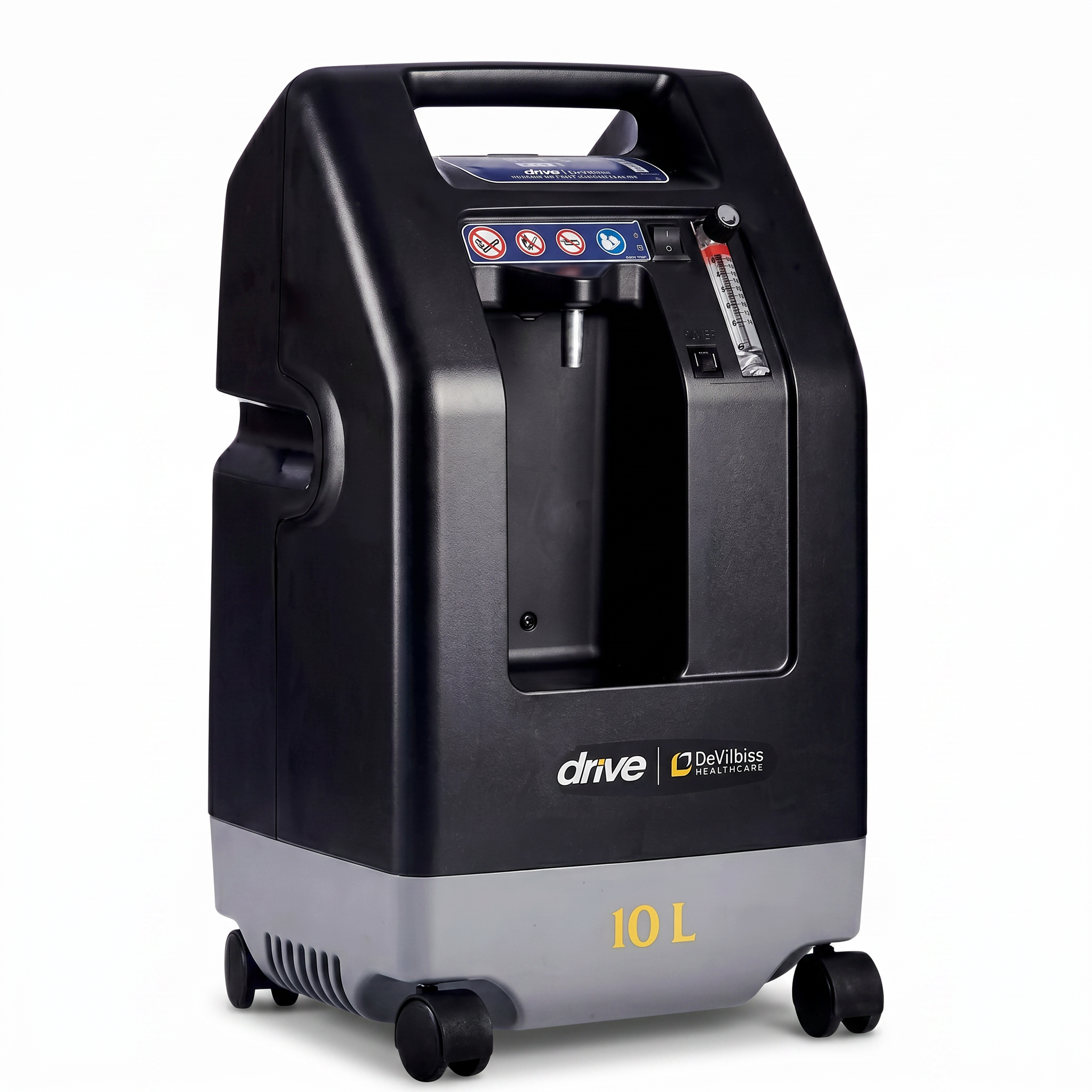 Concentrador de oxígeno estacionario Drive DeVilbiss 1025 de 10 litros por minuto reacondicionado, vista frontal en tres cuartos sobre fondo blanco