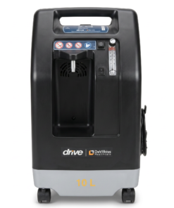 Concentrador de oxígeno estacionario Drive DeVilbiss 1025 de 10 litros, vista frontal completa con ruedas y panel de control