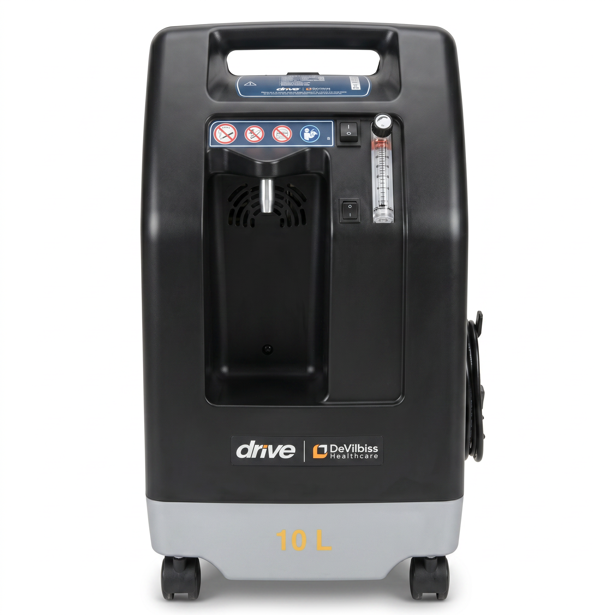 Concentrador de oxígeno estacionario Drive DeVilbiss 1025 de 10 litros, vista frontal completa con ruedas y panel de control