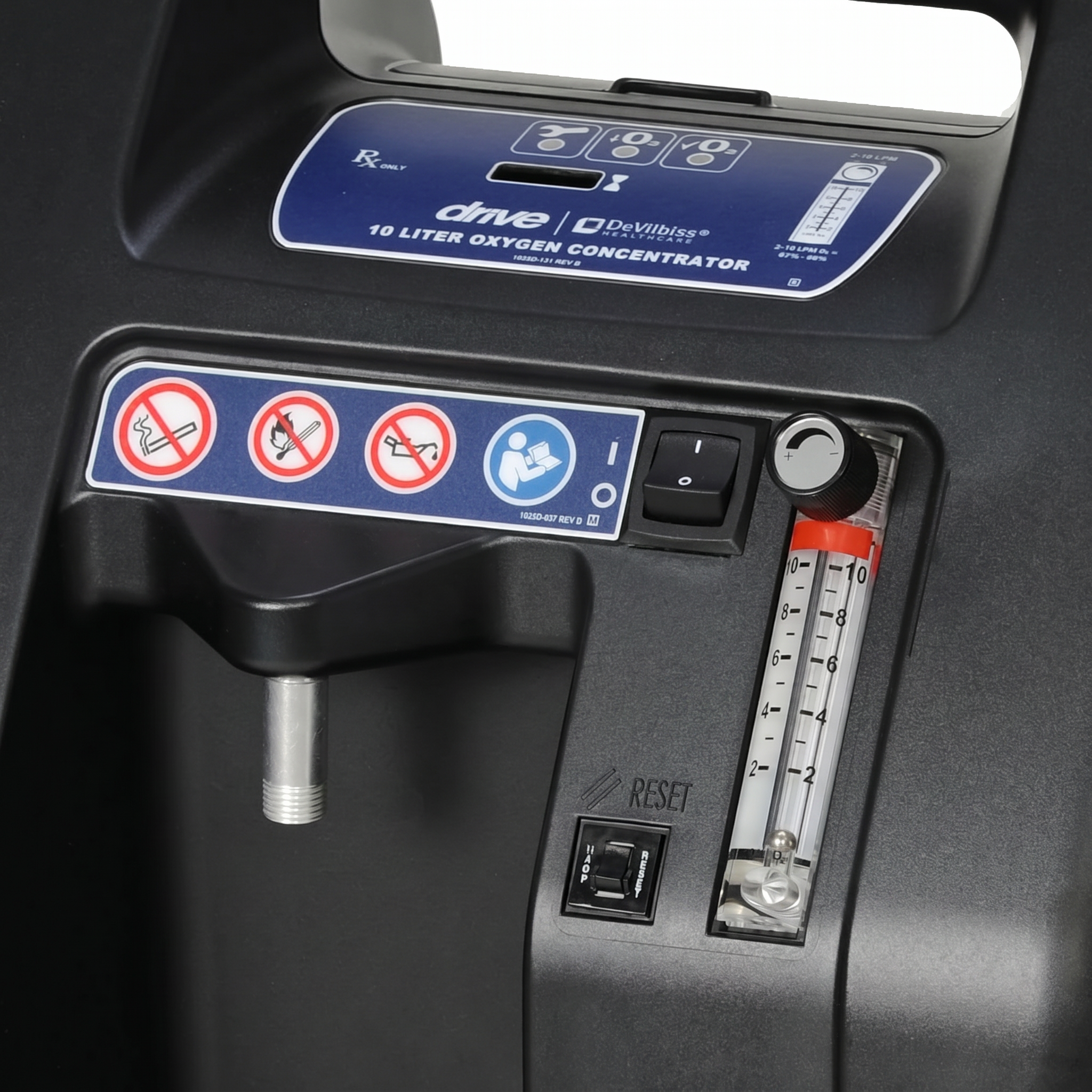 Panel de control del concentrador de oxígeno Drive DeVilbiss 1025 de 10 litros: flujómetro 0 a 10 LPM, interruptor de encendido y salida de oxígeno