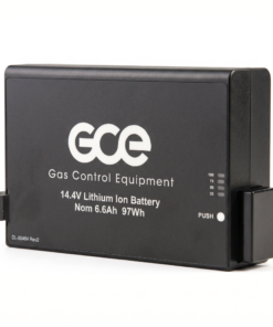 Batería recargable de litio 12 celdas GCE Zen-O (RS-00501), vista tres cuartos con indicador de nivel y botón PUSH