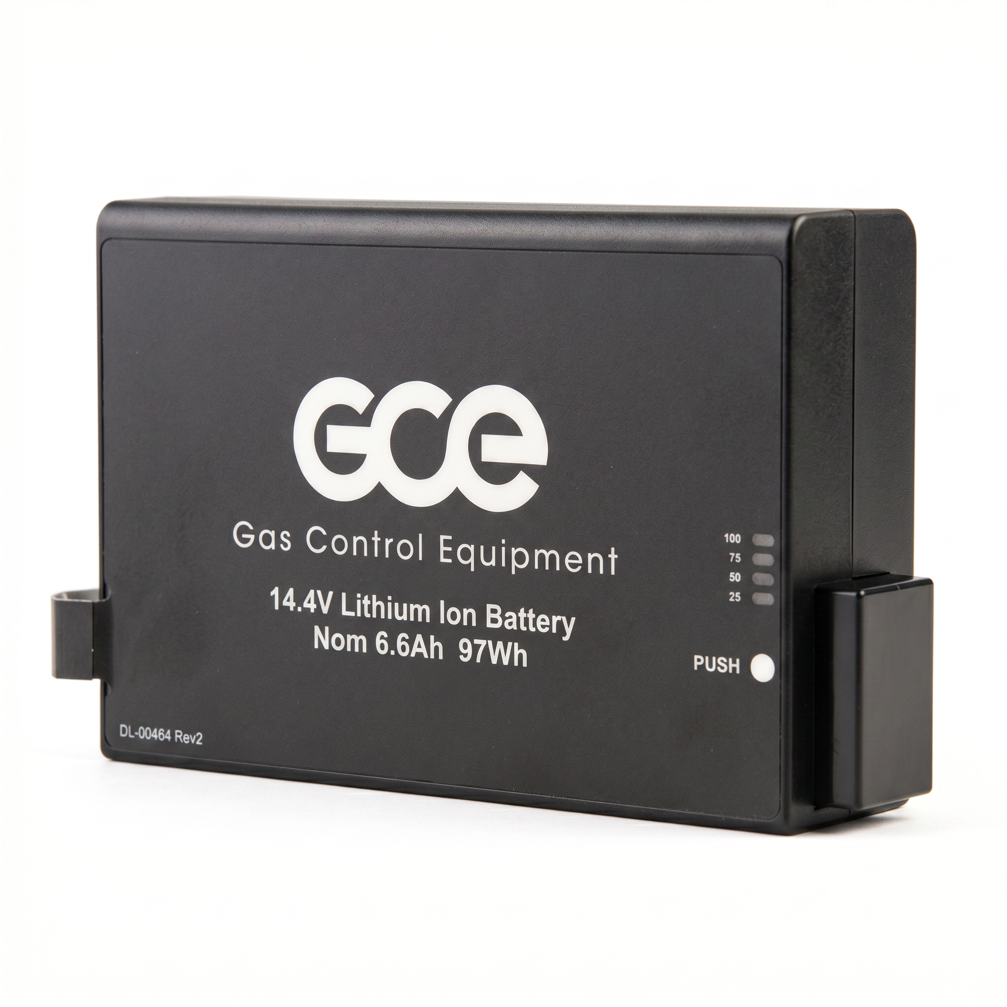 Batería recargable de litio 12 celdas GCE Zen-O (RS-00501), vista tres cuartos con indicador de nivel y botón PUSH