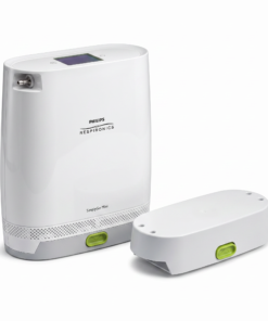 Concentrador portátil Philips SimplyGo Mini junto a su batería recargable de iones de litio con seguro verde