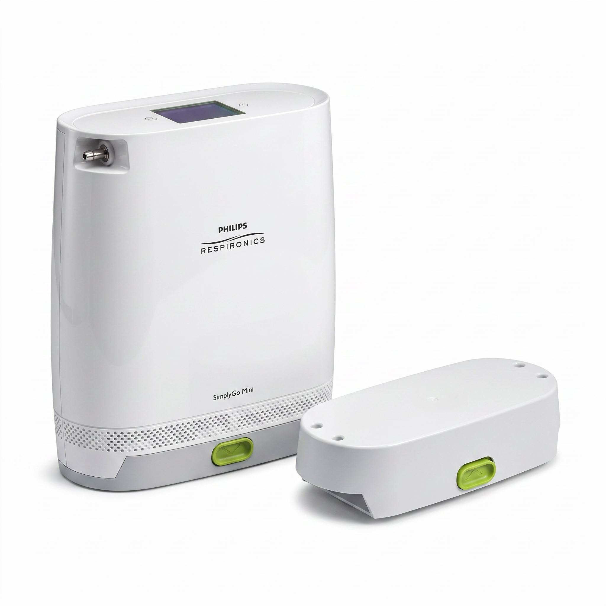 Concentrador portátil Philips SimplyGo Mini junto a su batería recargable de iones de litio con seguro verde