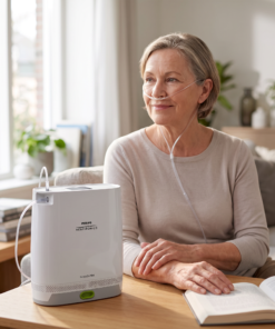 Mujer mayor usando con tranquilidad el concentrador Philips SimplyGo Mini en casa, con cánula nasal