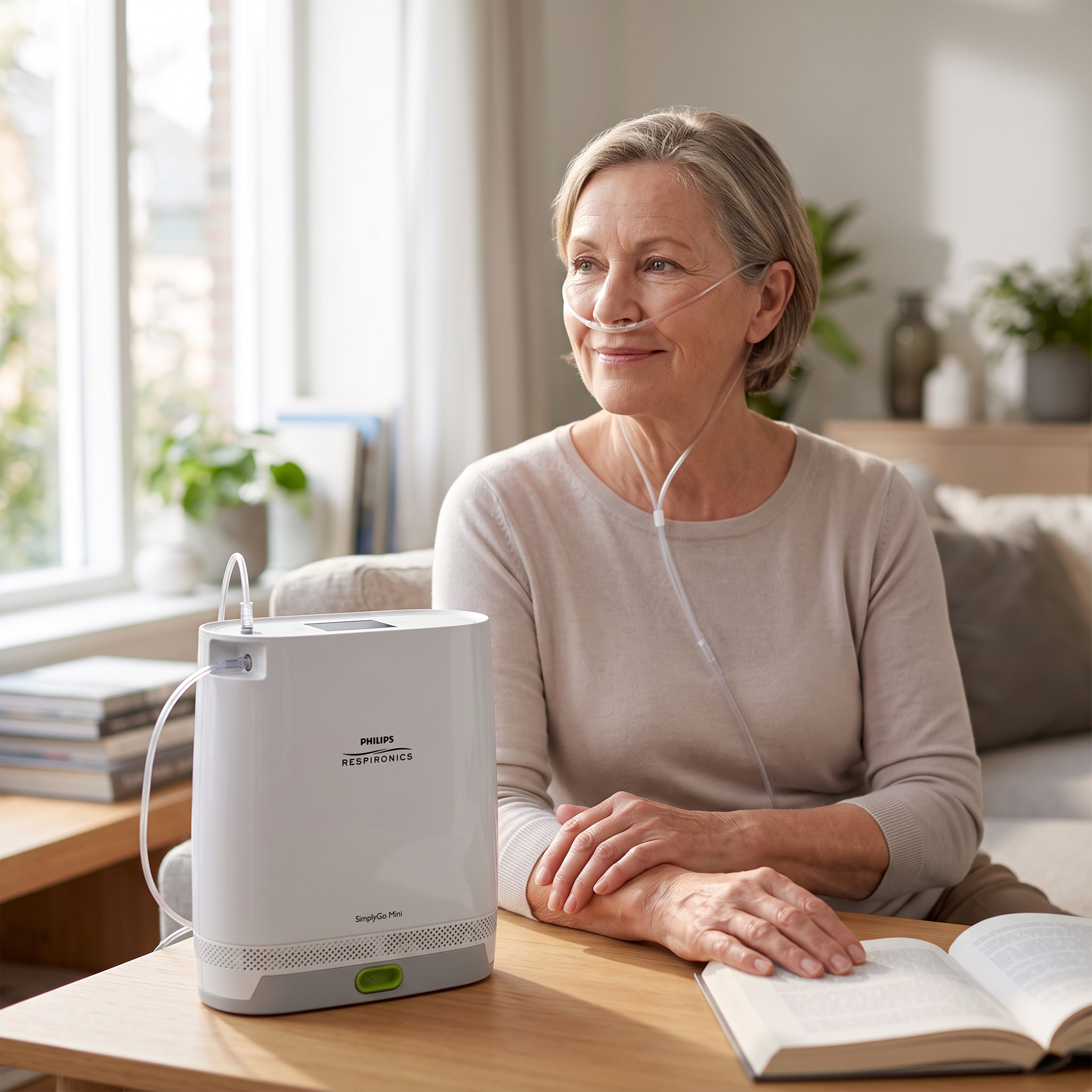 Mujer mayor usando con tranquilidad el concentrador Philips SimplyGo Mini en casa, con cánula nasal