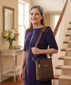 Mujer con el Philips SimplyGo Mini en su funda de transporte al hombro, lista para salir