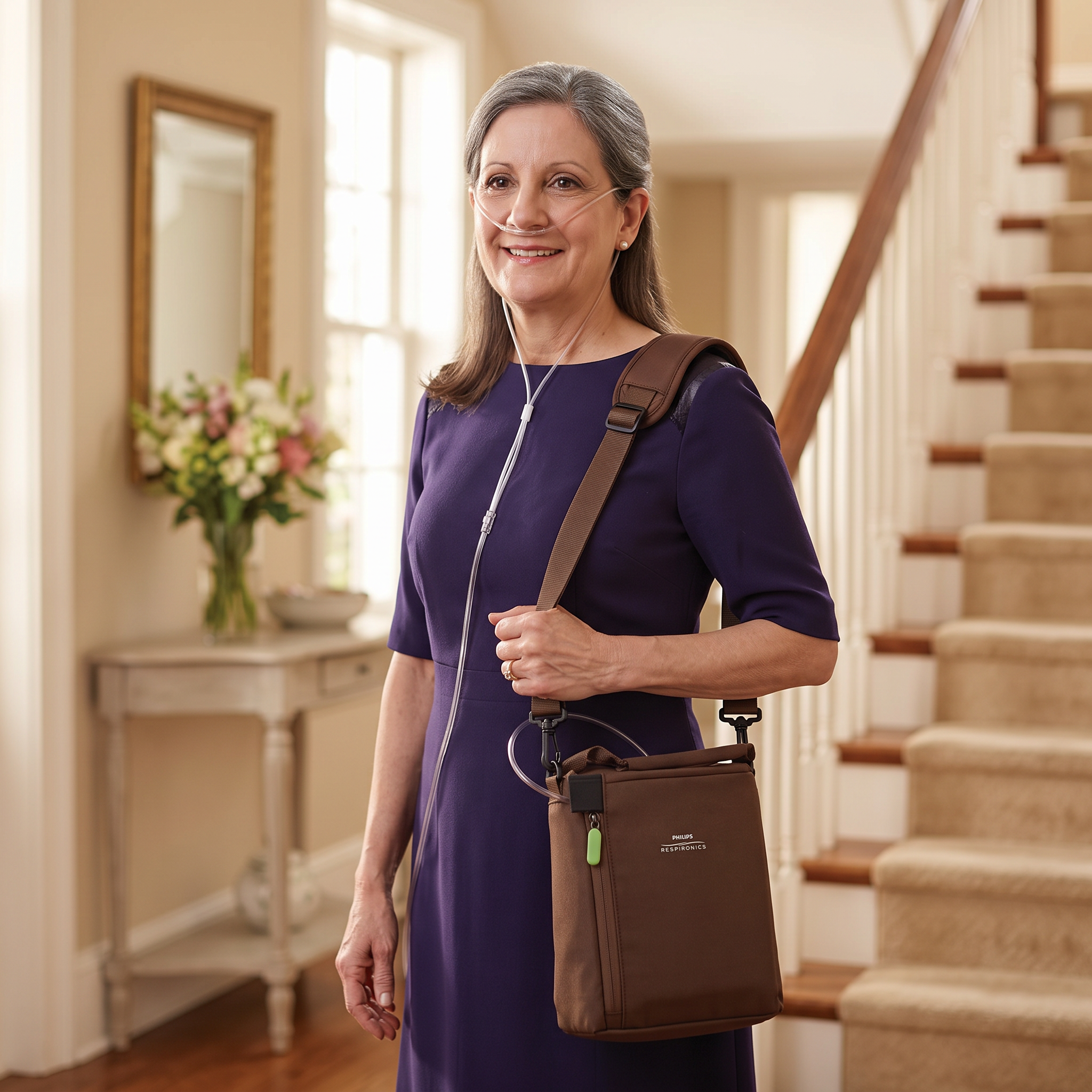 Mujer con el Philips SimplyGo Mini en su funda de transporte al hombro, lista para salir