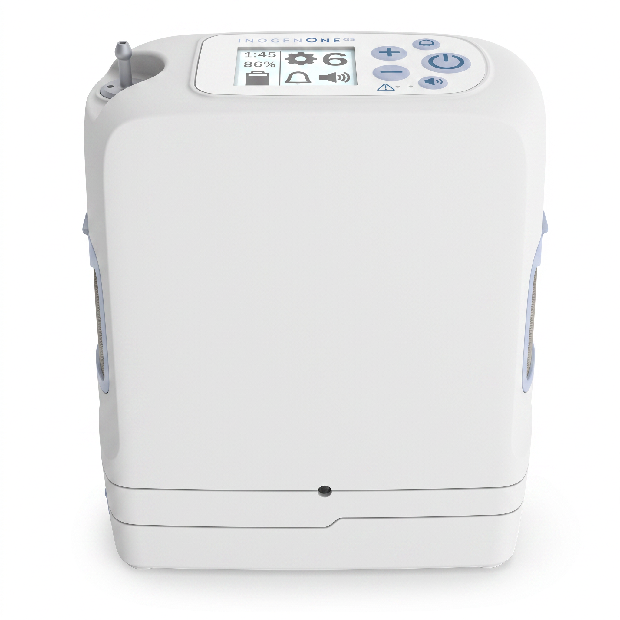 Concentrador de oxígeno portátil Inogen One G5 reacondicionado, vista frontal con pantalla LCD y controles