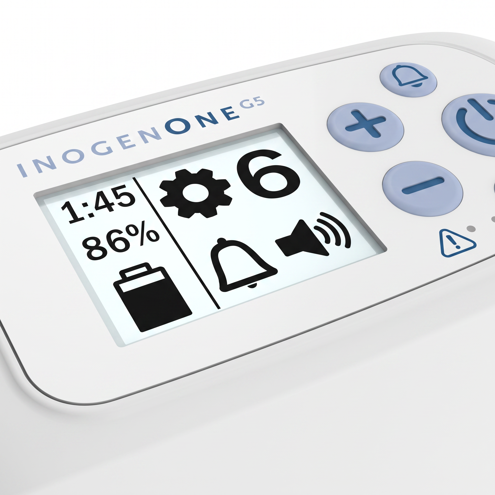 Pantalla LCD y botones de control del Inogen One G5 con configuración de pulso en nivel 6