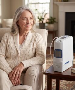 Mujer usando el concentrador Inogen One Rove 6 en casa con cánula nasal