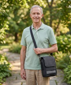 Hombre camina tranquilo con el Inogen One Rove 6 en su bolso de transporte