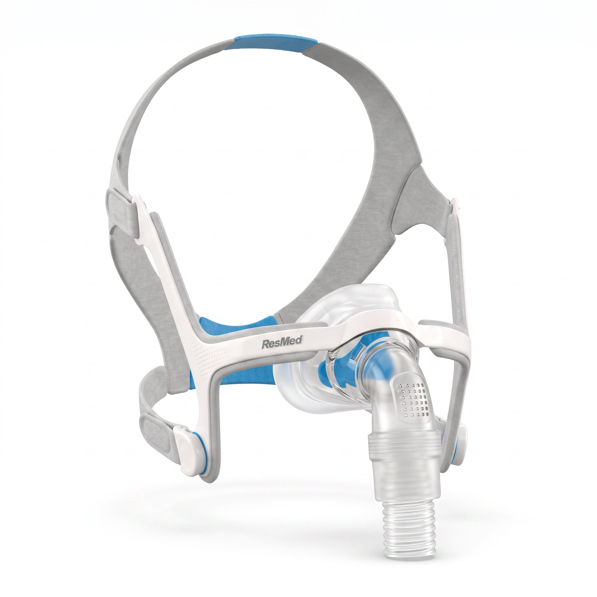 Marco InfinitySeal y codo con ventilación de la mascarilla nasal ResMed AirFit N20, vista lateral tres cuartos