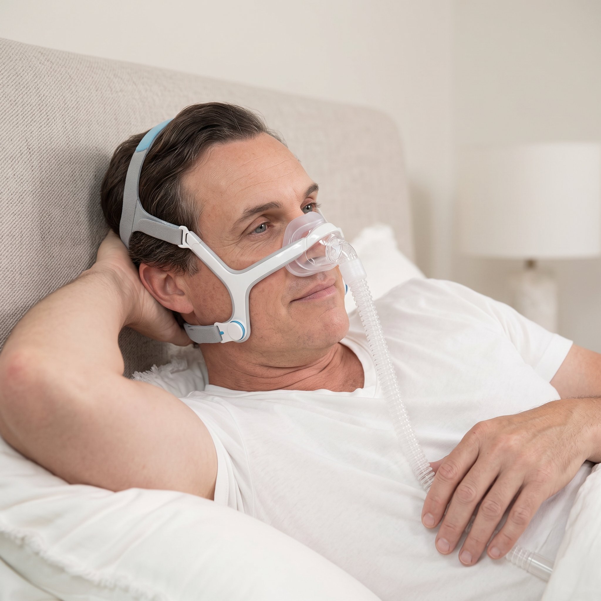 Hombre adulto usando la mascarilla nasal CPAP ResMed AirFit N20 mientras descansa cómodamente