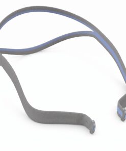 Arnés de tela QuickFit de la ResMed AirFit N30, banda única gris con franja azul, diseño minimalista sin imanes
