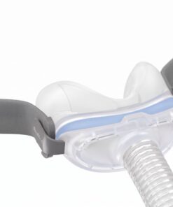 Acercamiento a la cuna de silicona de la mascarilla nasal AirFit N30, con marco blanco y detalle azul