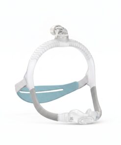 Mascarilla nasal ResMed AirFit N30i vista de perfil: marco lateral de tela flexible y arnés QuickFit de tela, sin imanes