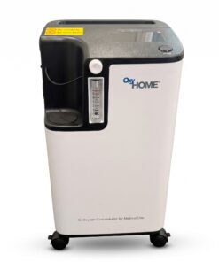 OxyHome 5L de frente, concentrador de oxígeno estacionario de 5 litros por minuto con flujómetro y logo OxyGo