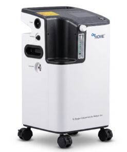 Concentrador OxyHome 5L de lado: salida de oxígeno, protección de energía, puerto auxiliar y base con cuatro ruedas giratorias