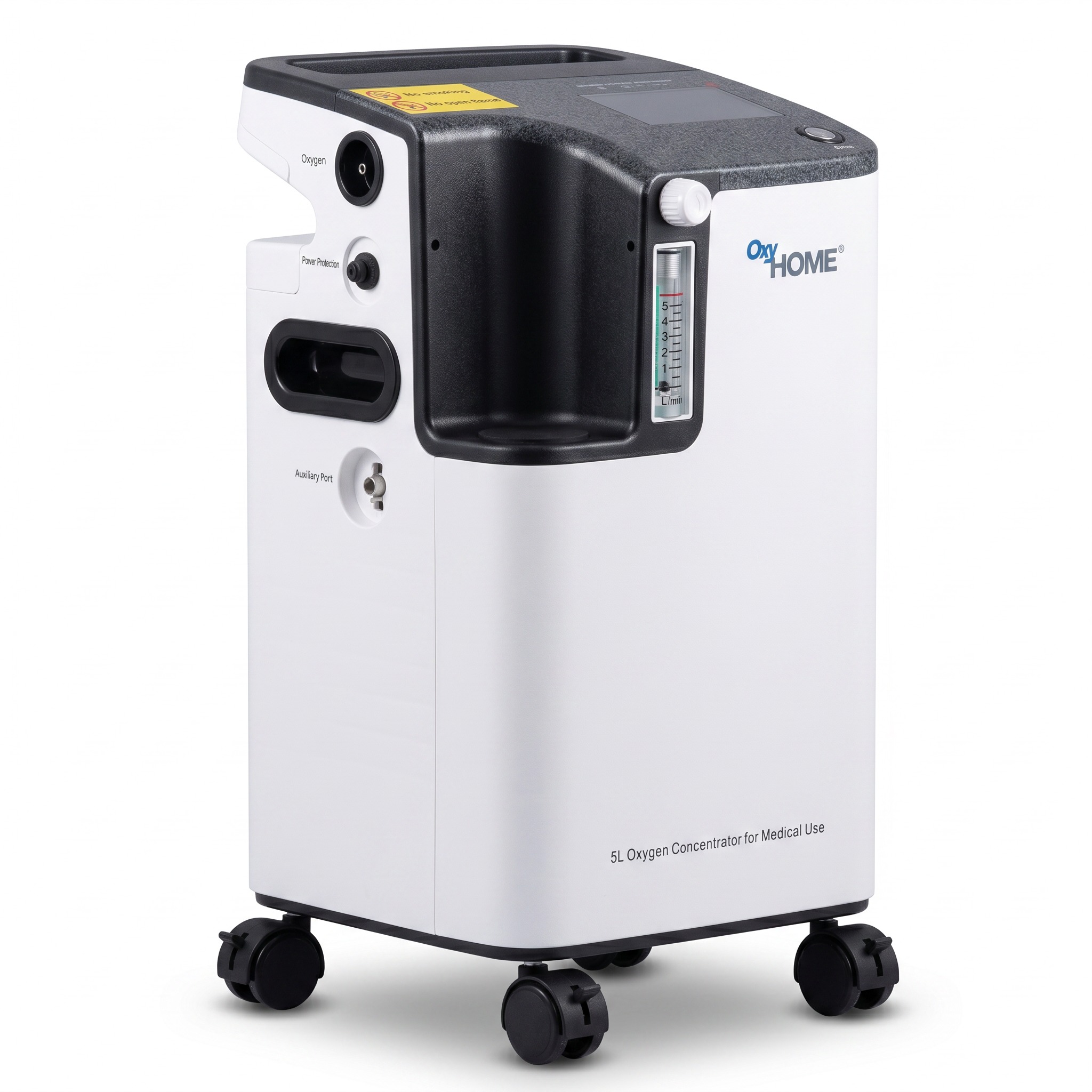 Concentrador OxyHome 5L de lado: salida de oxígeno, protección de energía, puerto auxiliar y base con cuatro ruedas giratorias