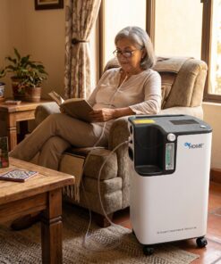 Adulta mayor usando el concentrador de oxígeno OxyHome 5L mientras lee en su hogar