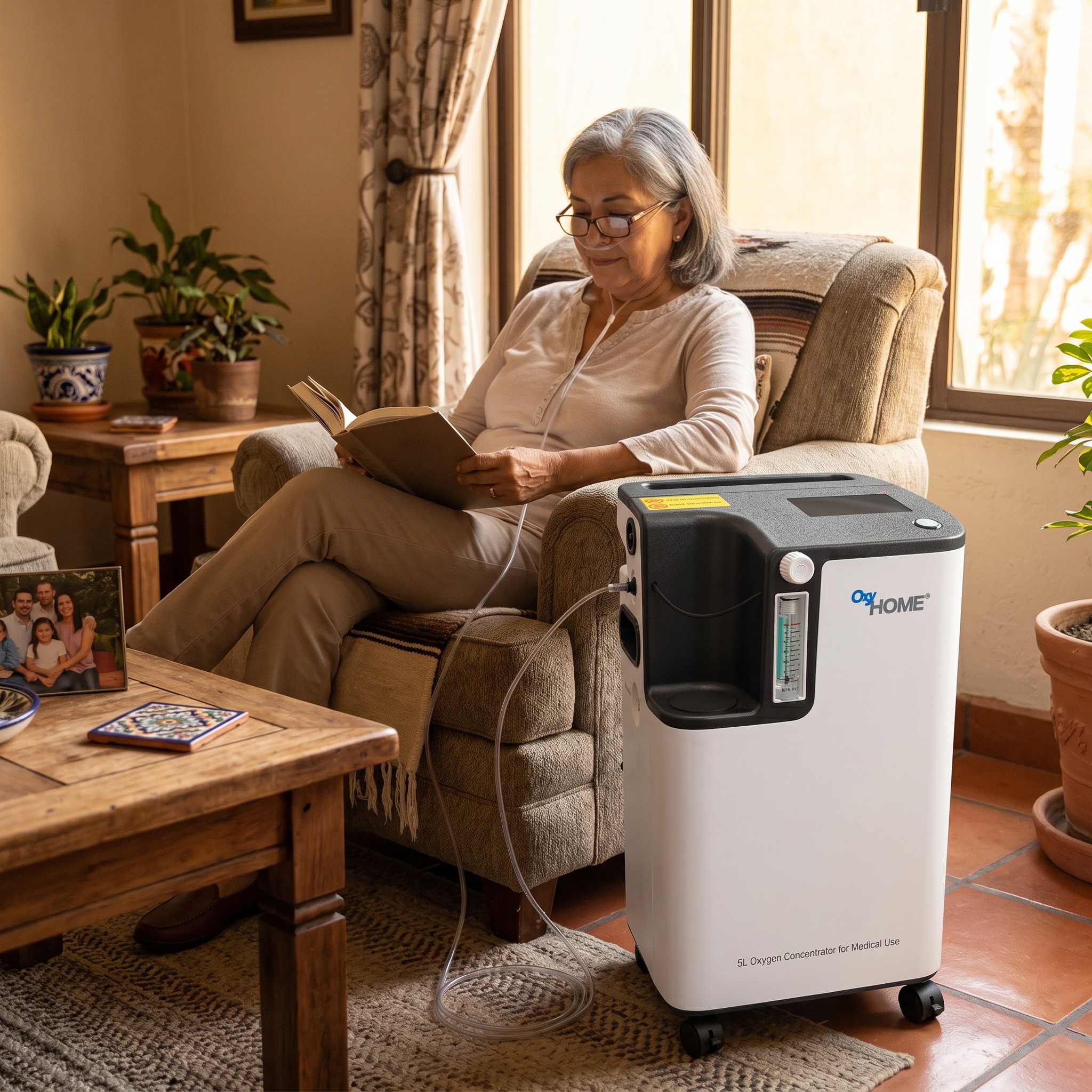 Adulta mayor usando el concentrador de oxígeno OxyHome 5L mientras lee en su hogar
