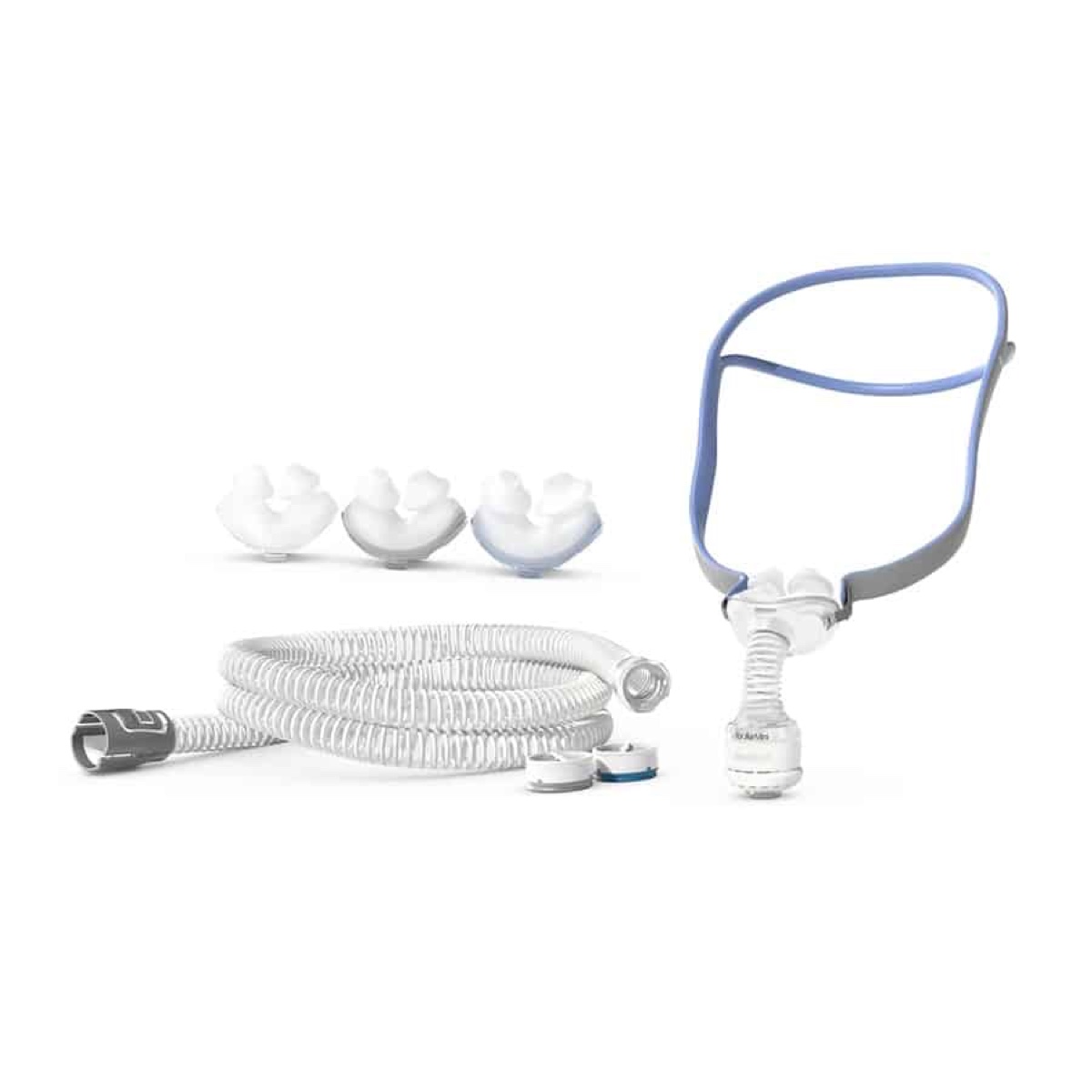 Contenido del kit AirFit P10 para AirMini: almohadillas, tubo slim y cartuchos HumidX