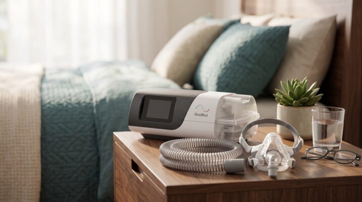 Equipo CPAP ResMed con mascarilla y tubo sobre la mesita de noche